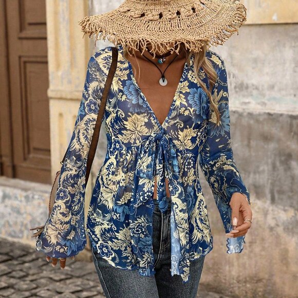 Blue Boho Women's Paisley Print Mesh Long Sleeve Tie Front Asymmetric top - Picture 3 of 7